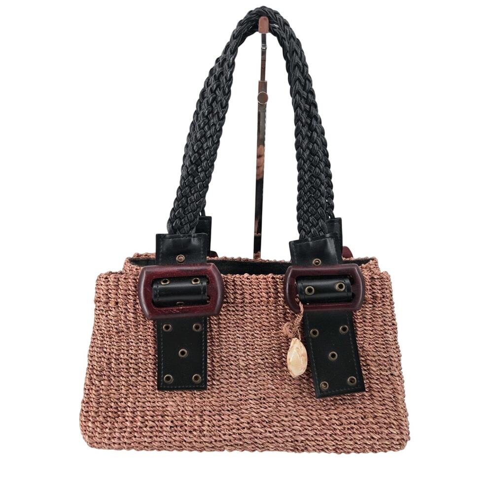 Vintage Rattan Woven Large Buckle Bicol Purse Bag
